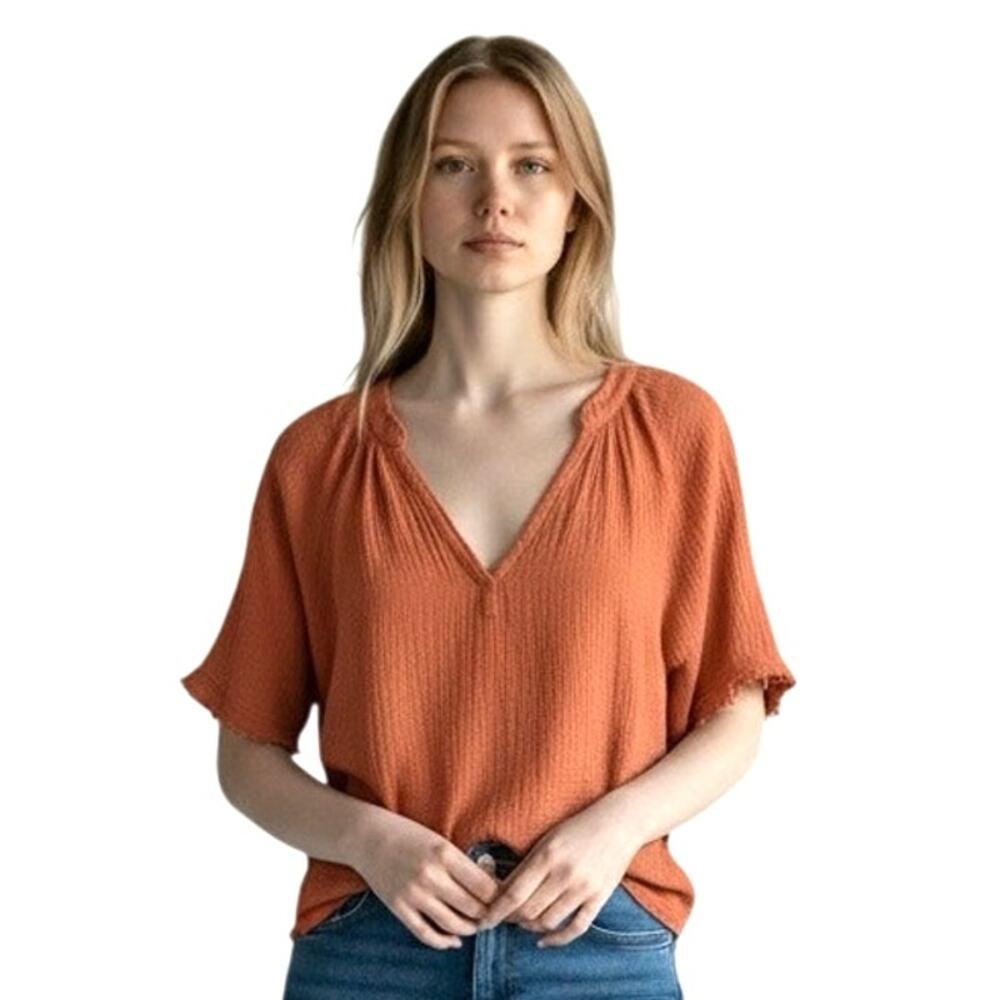 YFB Women’s Boho Crinkle Gauze Rust Orange Boxy Oversized Top